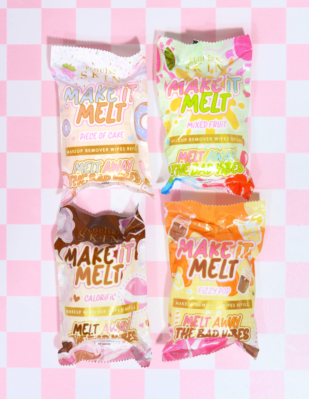 Una colección de toallitas desmaquillantes Make It Melt de P.Louise en varios aromas, presentadas en un recipiente recargable con un fondo de cuadros rosas.
