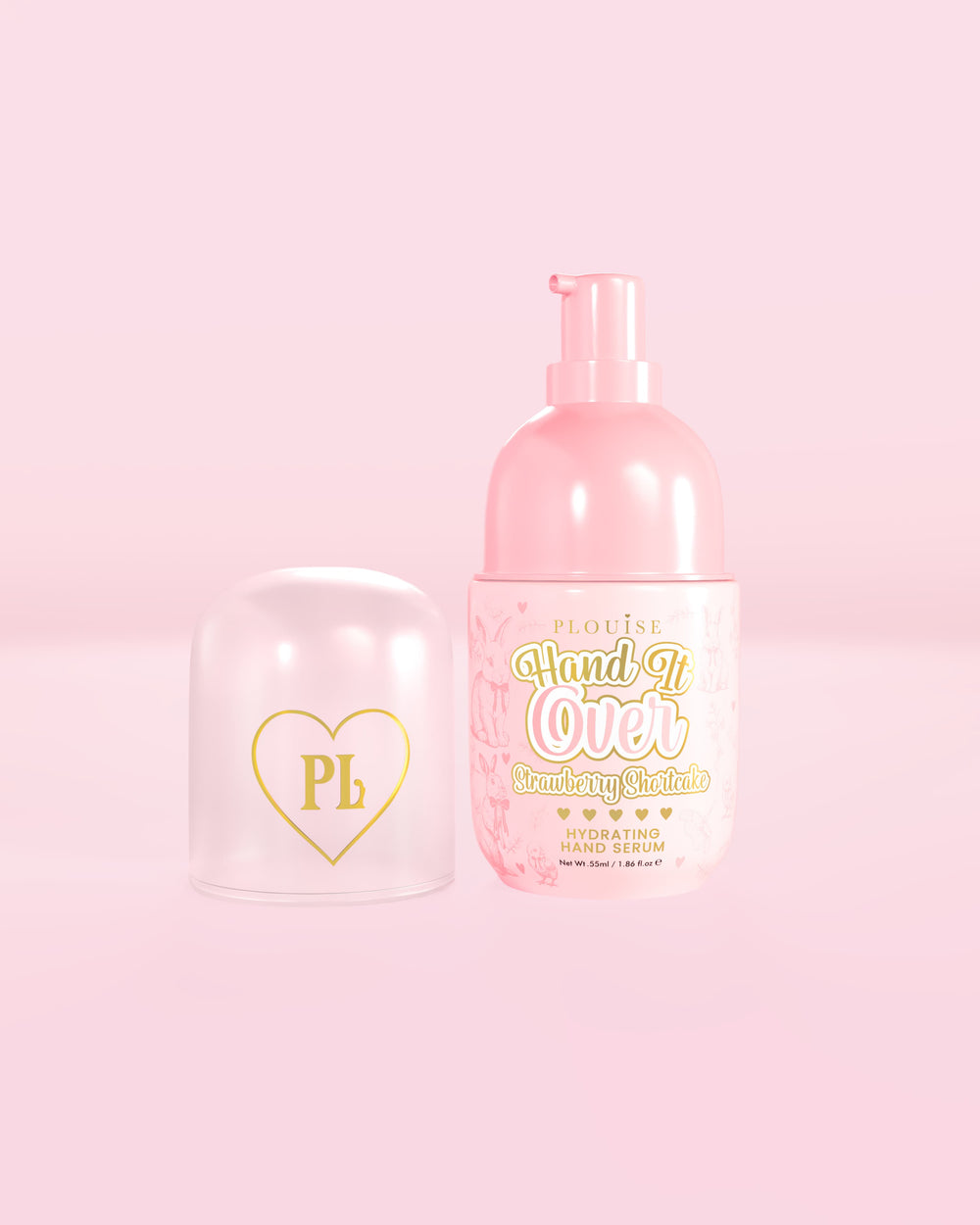 Botella rosa de suero hidratante para manos P.Louise Hand It Over con aroma a tarta de fresas