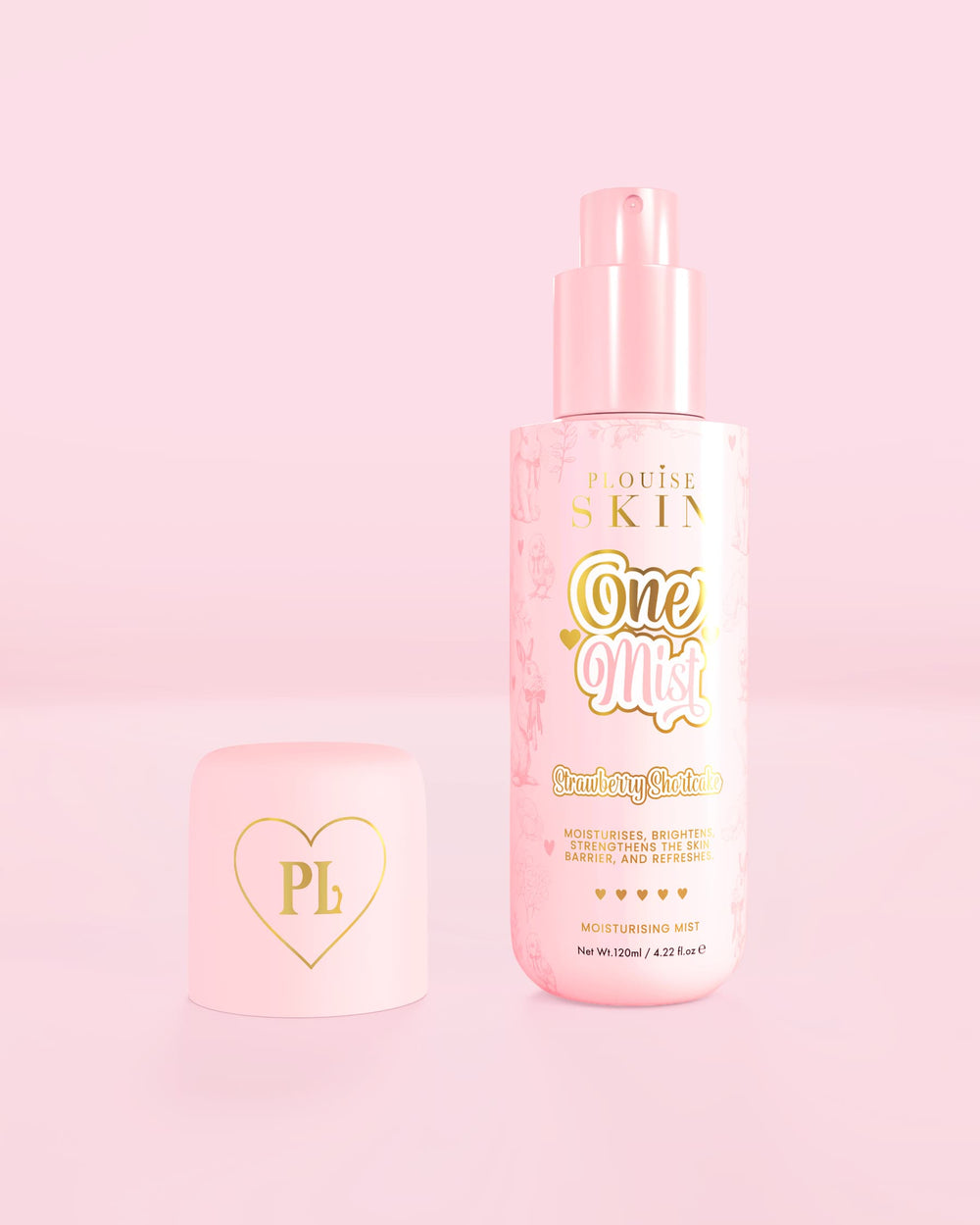 Frasco rosa de niebla hidratante One Mist con aroma a tarta de fresas