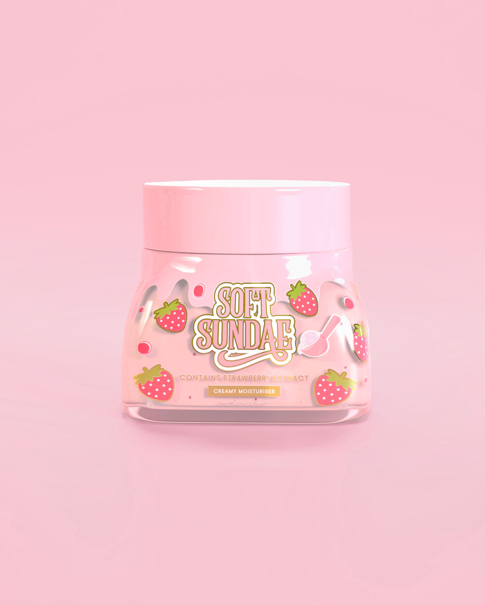 Rosafarbenes Glas mit P. Louise Soft-Eisbecher-Feuchtigkeitscreme auf rosa Hintergrund
