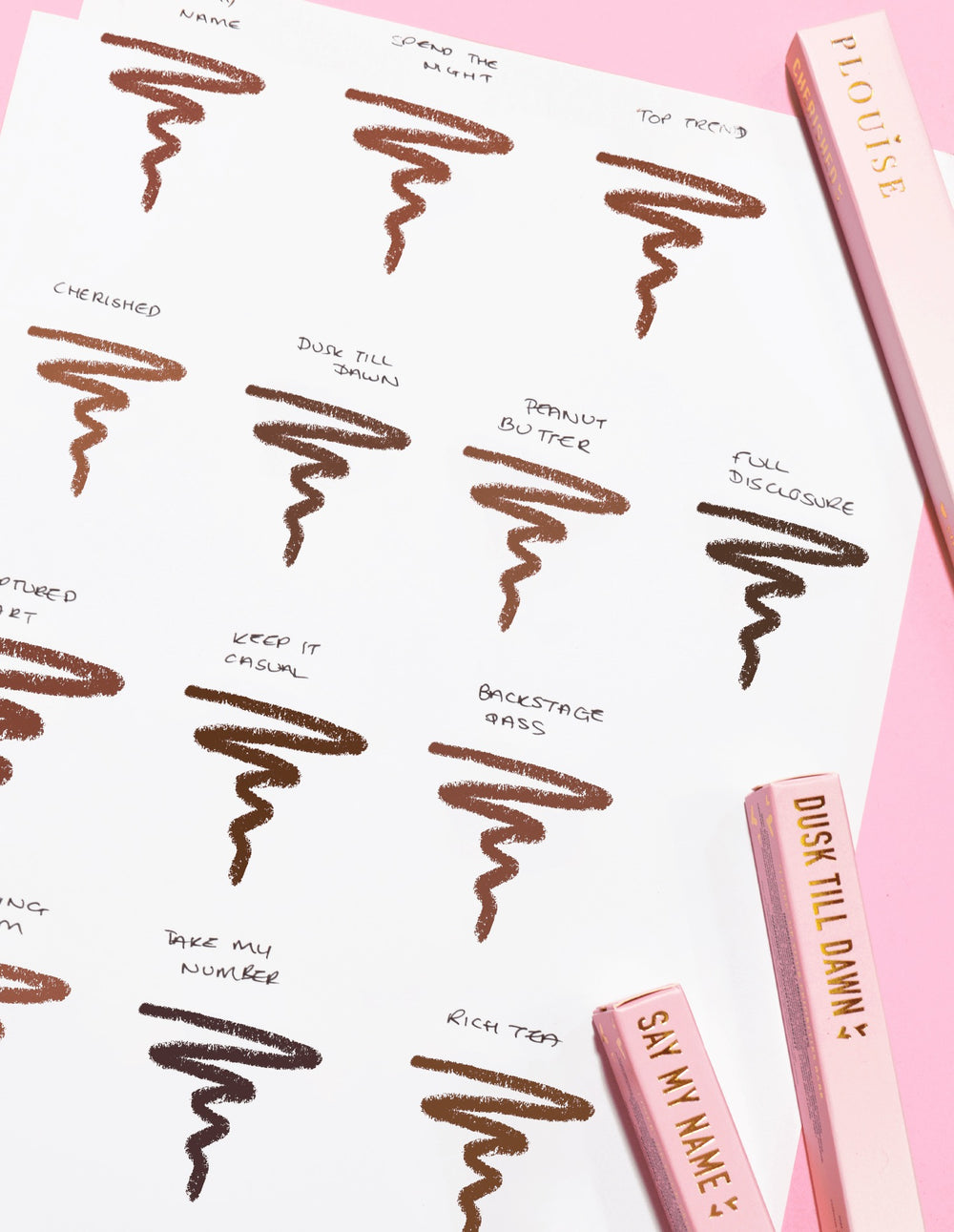 Ein Bild eines Blattes Papier mit Kritzeleien, auf denen jede Farbe und jeder Name des P.Louise Ultimate Definition Sharpenable Lip Liner zu sehen ist