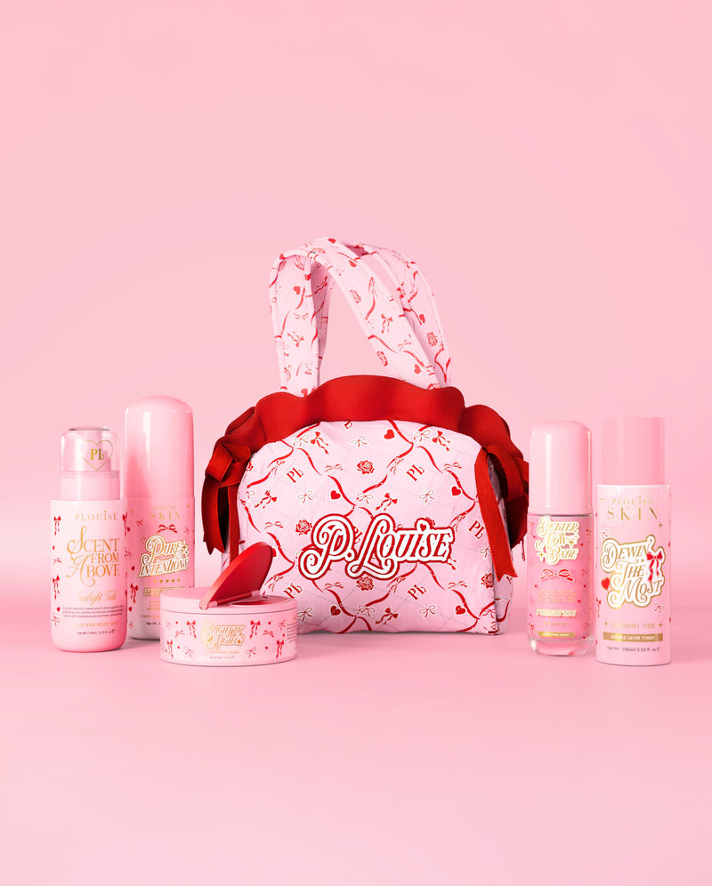 Kit de productos básicos para el cuidado de la piel y bolsa con lazo