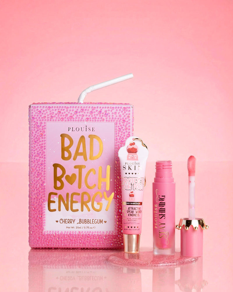 Rosa P.Louise Crystal Glitter Bad Bitch Energy Lippenduo in Kirschkaugummi mit glänzendem Lippenöl und Lippenpflegemittel