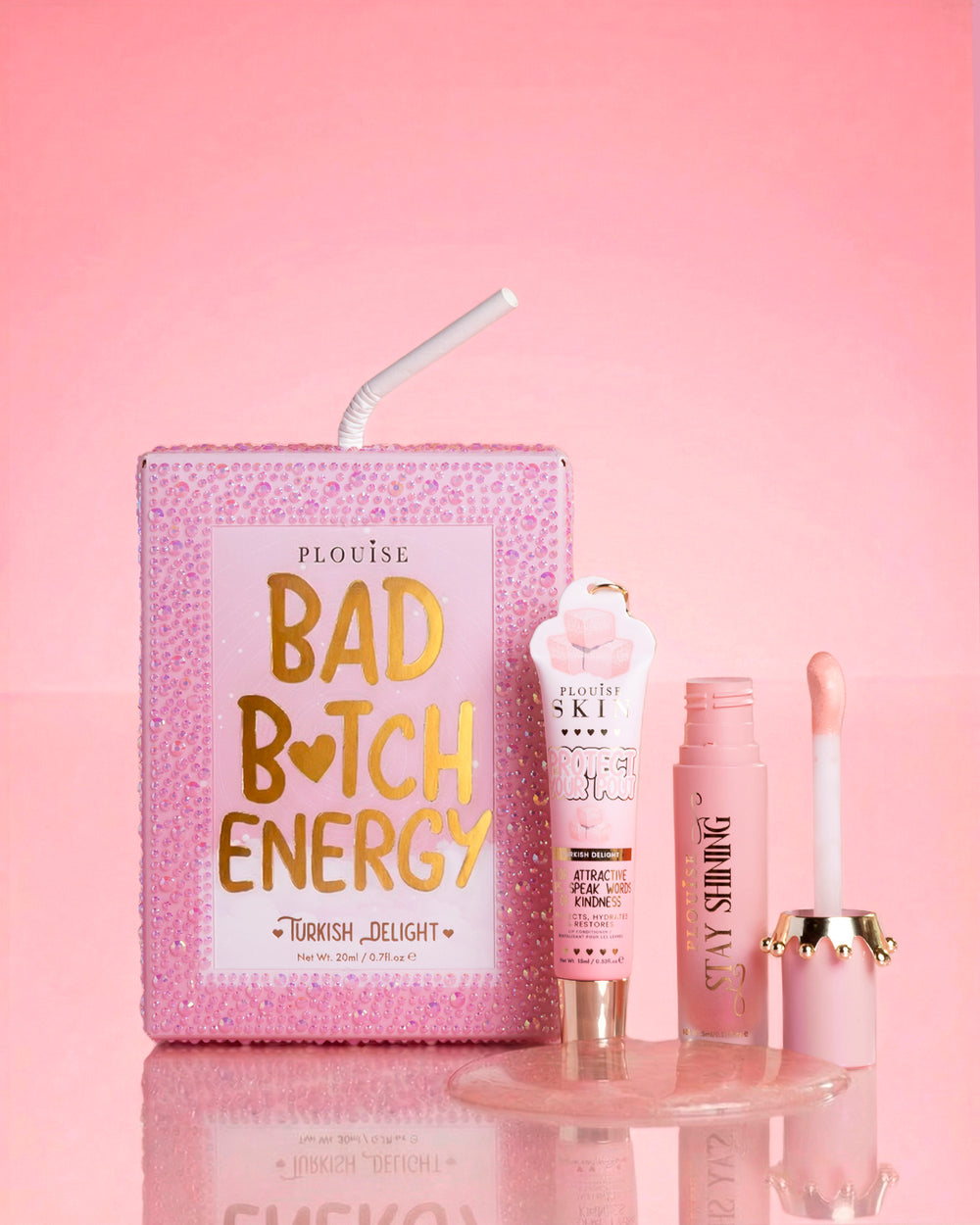 Dúo de labios Pink P.Louise Crystal Glitter Bad Bitch Energy en sorbete arcoíris con aceite labial brillante y acondicionador de labios