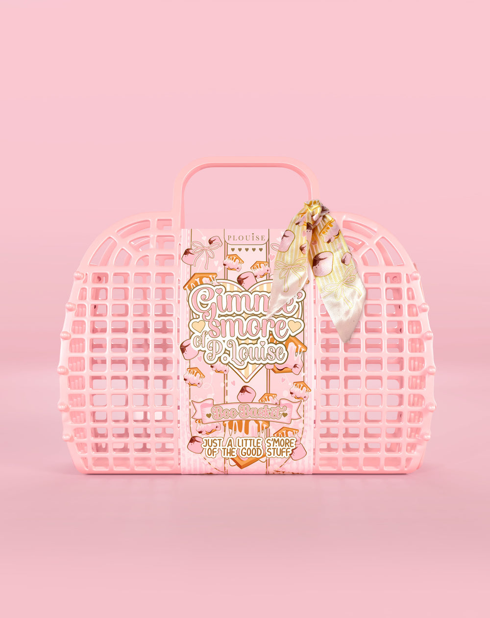 Cesta boo estilo gofre rosa con un producto en el interior sobre un fondo rosa