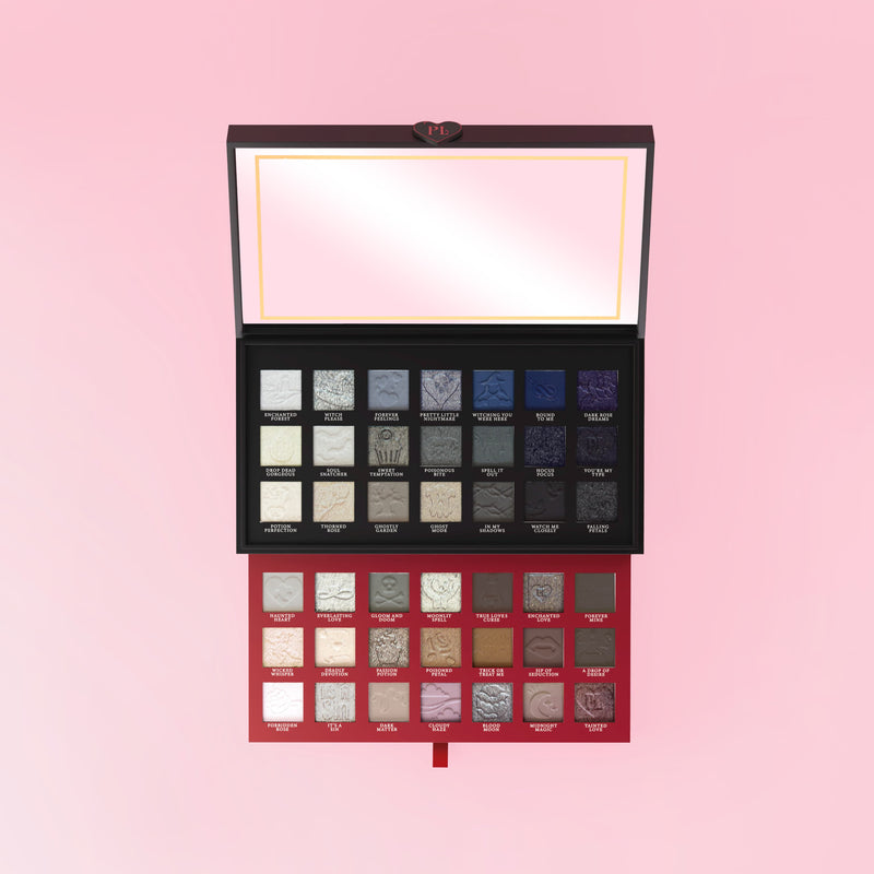 P.Louise Mystic Moonlight Halloween-Make-up-Lidschatten-Palette mit verschiedenen Farbtönen auf rosa Hintergrund