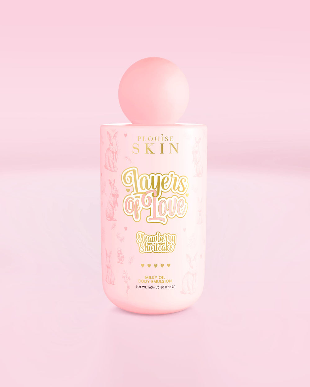 Botella rosa de P.Louise Layers Of Love Milky Oil Body Emulsion con aroma a tarta de fresas