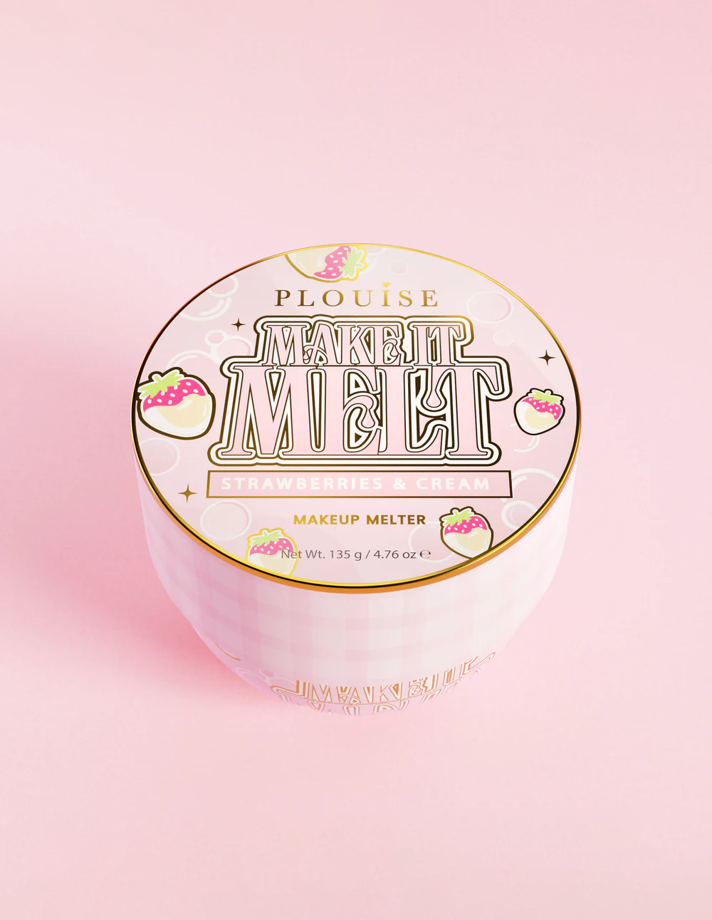 A container of P.Louise Make It Melt Makeup Cleansing Balmr with a pink label and gold accents on a pink background