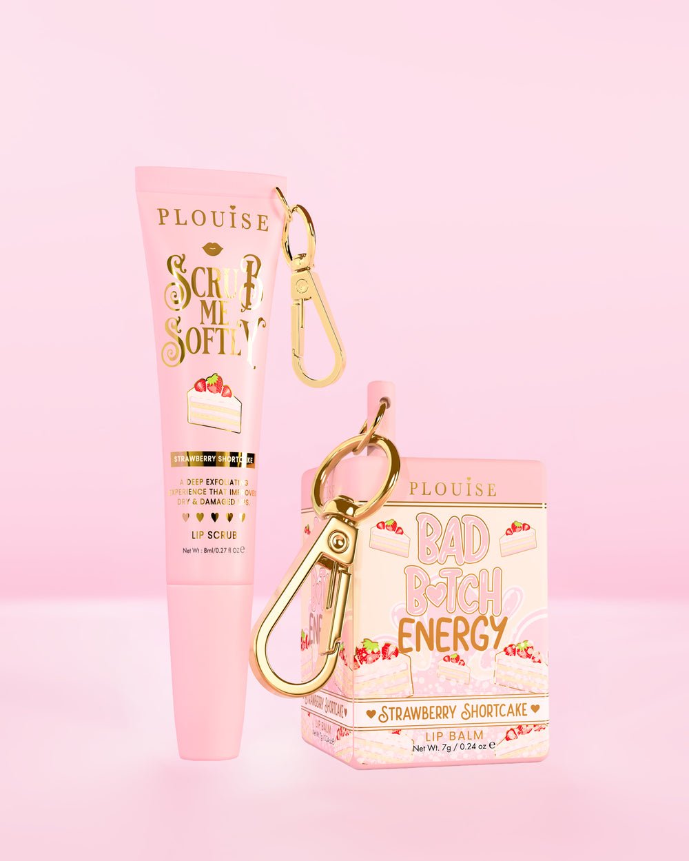 P.Louise Moisture Magic Duo que incluye un bálsamo labial y un tubo de exfoliante labial, ambos con aroma a tarta de fresas.