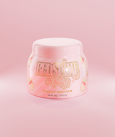 Ein rosafarbenes Glas P.Louise Bedslime Routine Jelly Makeup Removing Cleanser mit Erdbeer- und Creme-Design.