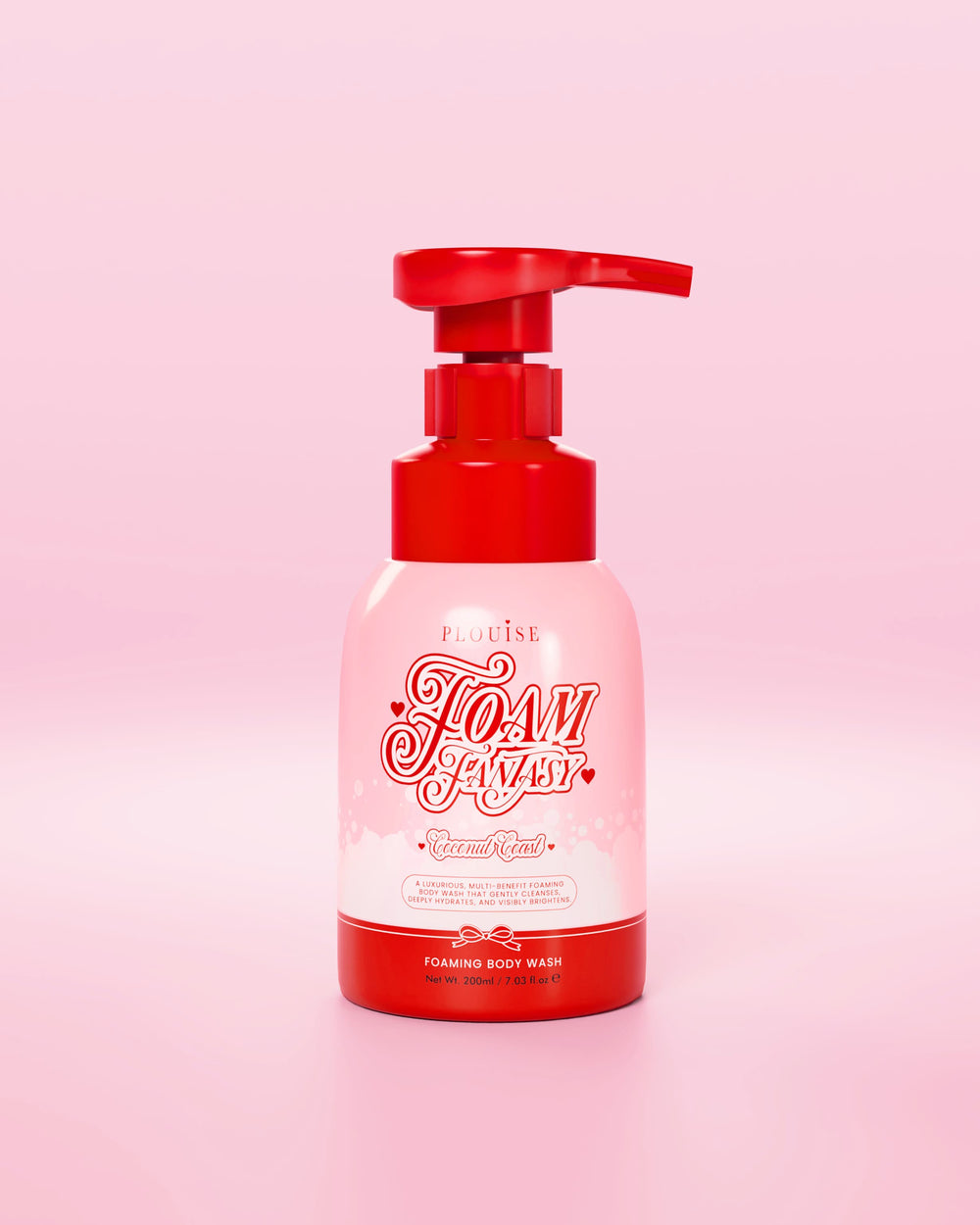 Botella roja y rosa de gel de baño P.Louise Foam Fantasy sobre fondo rosa
