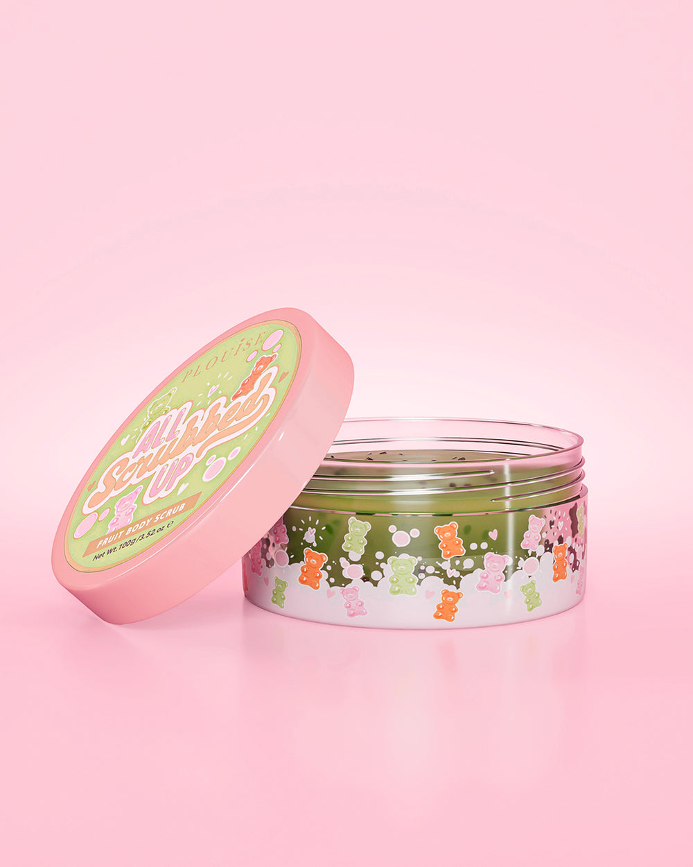 Offenes Glas P. Louise All Scrubbed Up Body Scrub mit Gummibärchen-Duft auf rosa Hintergrund
