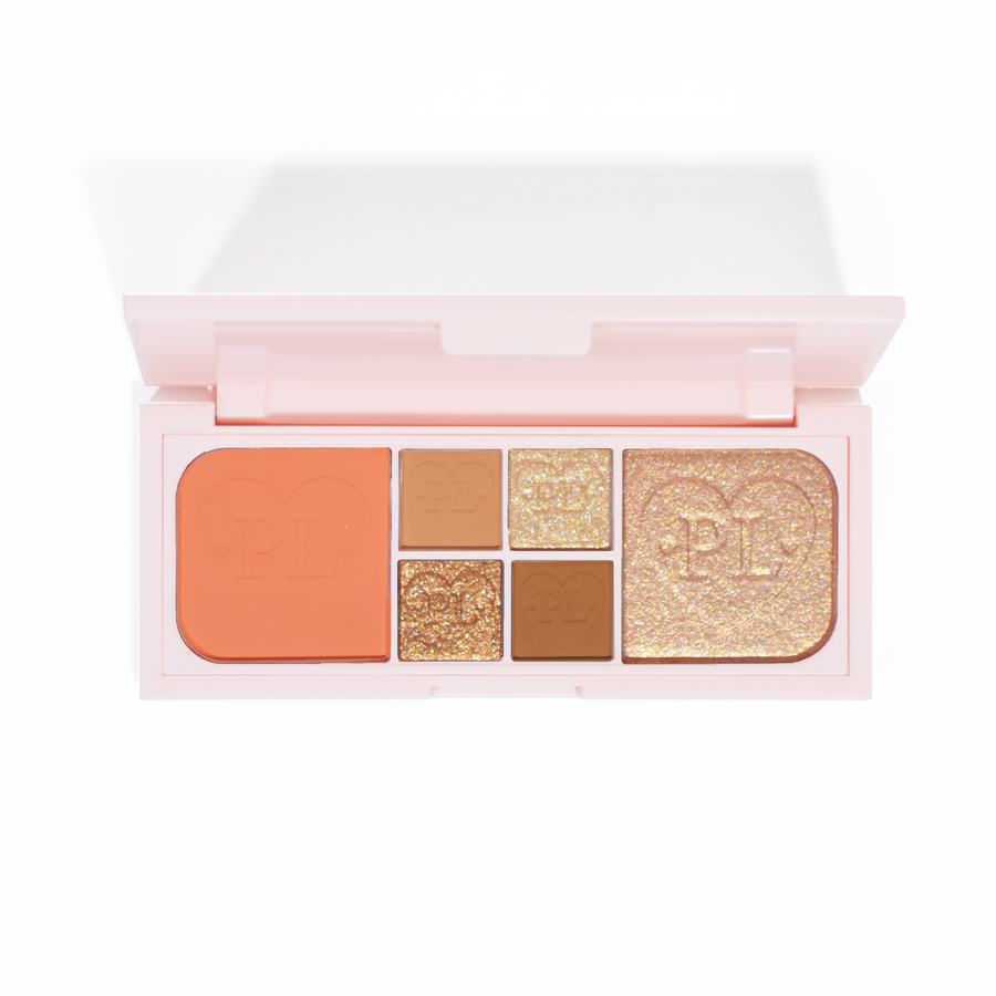 Ein Bild der P.Louise Fluffy Fantasy Mini Eyes & Face Palette mit cremigen Matttönen und butterartigen Schimmern in einer Reihe von Pfirsich- und Neutraltönen