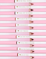 An image of the P.Louise Ultimate Definition Sharpenable Lip Liners in a row showing the bottoms and the name of each shades on the pencil