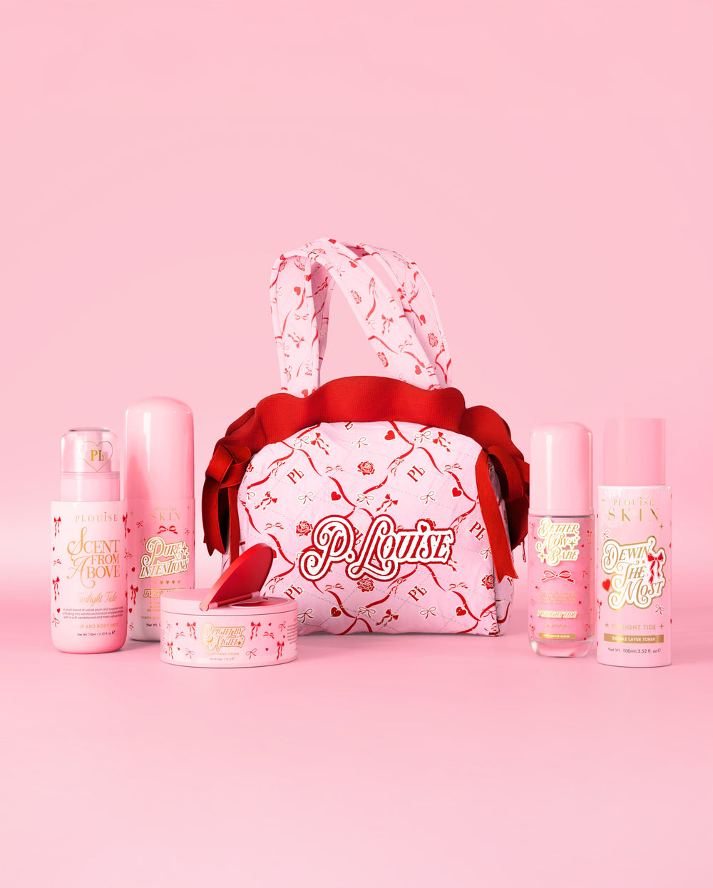 Kit de productos básicos para el cuidado de la piel y bolsa con lazo